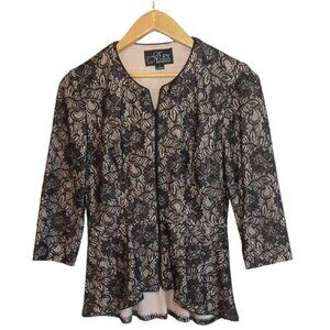 Alex Evenings Metallic Black Lace Zip Up Peplum Formal Jacket l Small